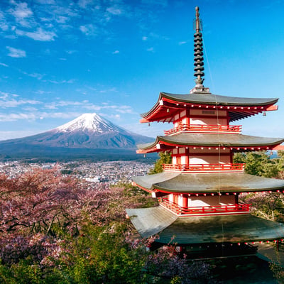桜と富士山を望む忠霊塔