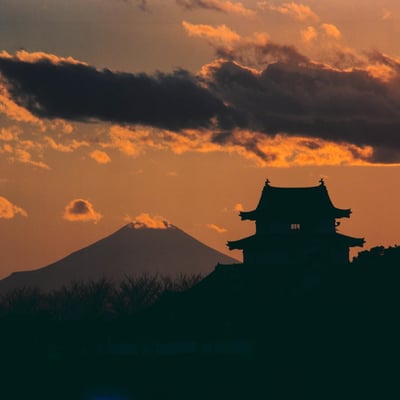  逆光に浮かぶ関宿城と富士山