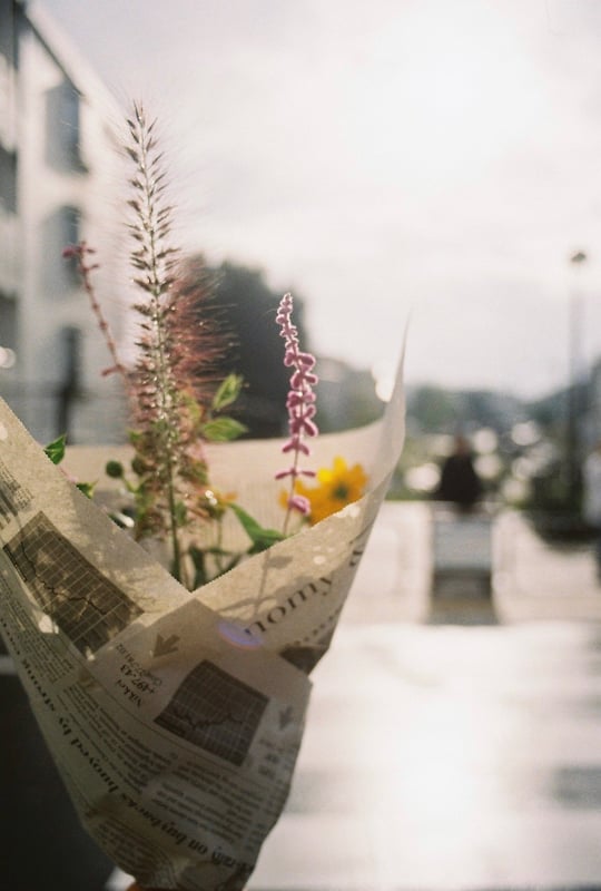 雨上がりの下北沢を散策していると、ハーブの香りに引き寄せられて、ふらりとお花屋さんへ。
「今日は特別に、1000円のところ500円だよ」と教えてもらい、推しに弱い私はそのまま花束を購入。
この写真は、その購入直後の一枚です。

せっかくなので、猫じゃらしのようなふんわりとしたお花が入った花束を選びました✨

ただ、家に帰るまでに時間がかかってしまい、いくつかのお花はしおれてしまいました…😇