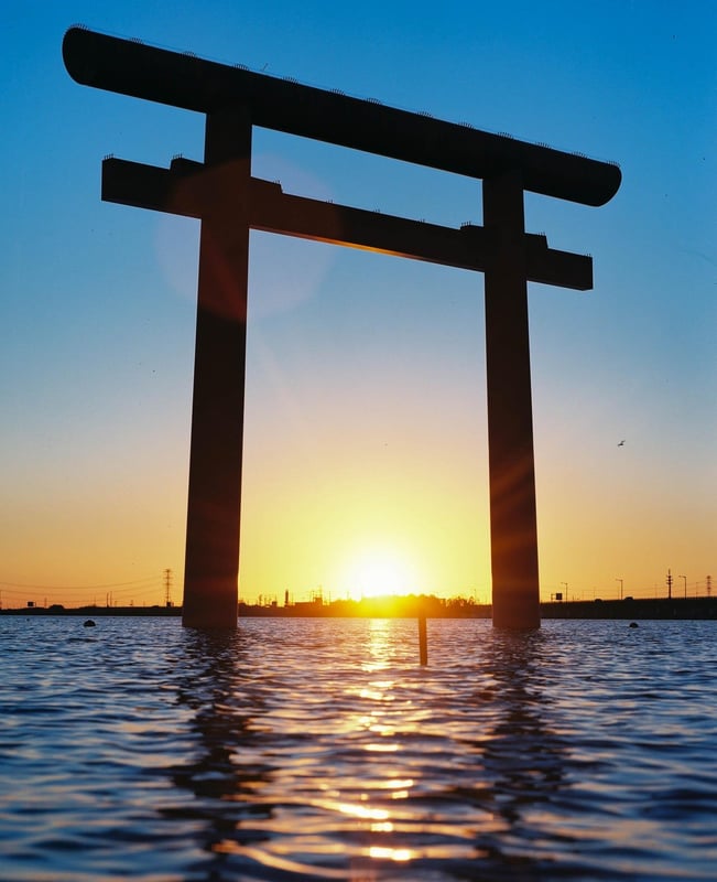 川の中に佇む鹿島神宮の鳥居。水面に映る朱色が神秘的な雰囲気を醸し出し、静寂の中に歴史の息吹を感じる景色。