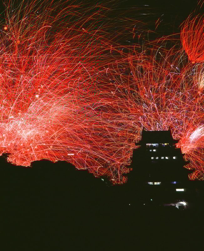 夜空に咲く花火が、海辺の熱海城を鮮やかに彩る。
